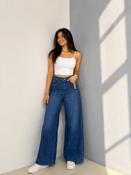 INDIGO BLUE LONG LENGTH WIDE LEG JEANS